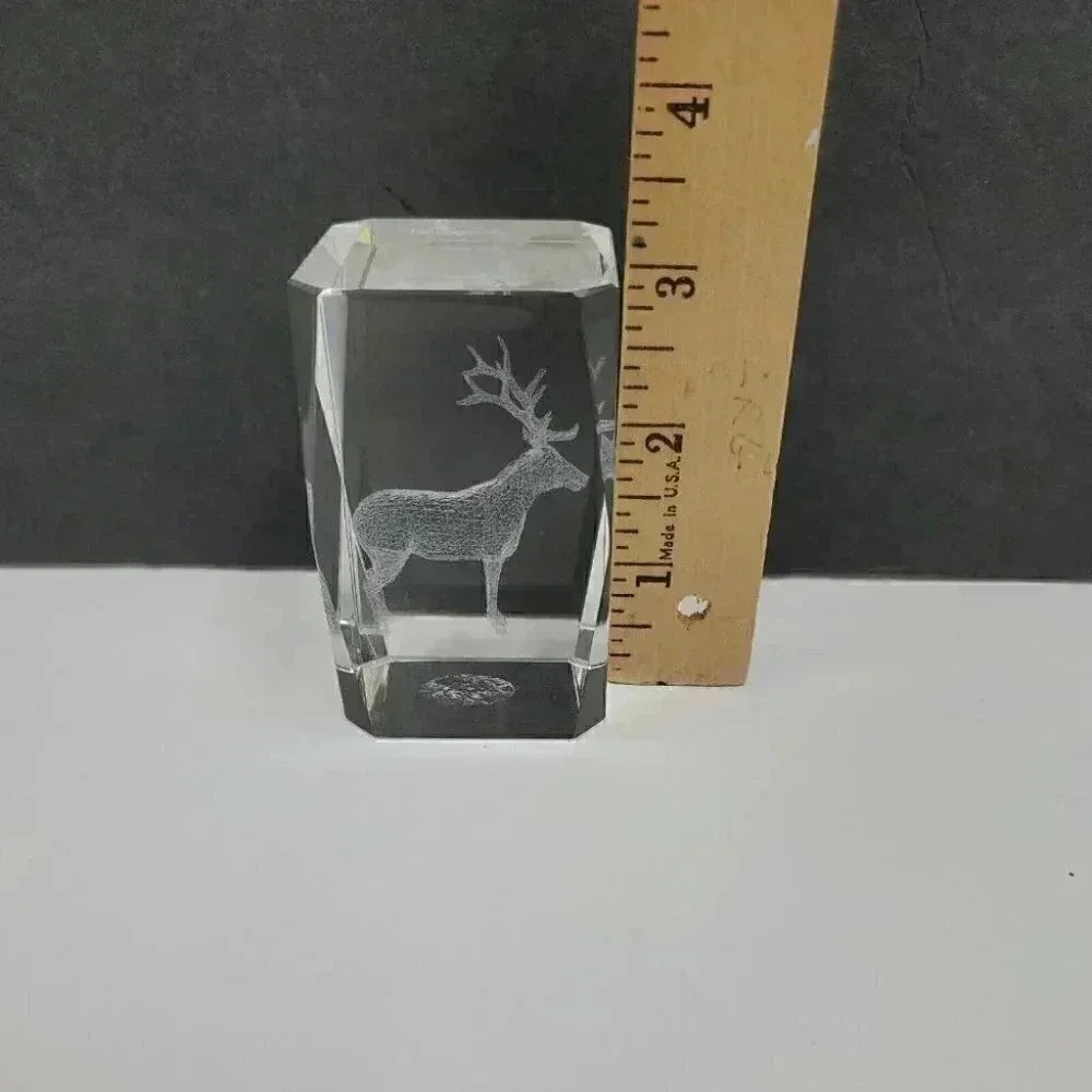 Stag Laser Cut Glass Etched Paper Weight Clear Cube 3